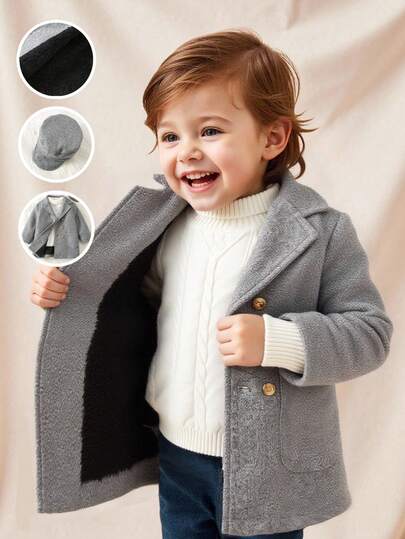 SHEIN اشتر واحد واحصل على واحد مجانًا طفل/طفل ذكر/أنثى 2 قطعة/مجموعة معطف صوفي رمادي سميك مبطن مع قبعة، معطف شتوي، معطف مبطن، طراز بسيط مناسب للجميع، مناسب للارتداء الداخلي والخارجي والتزلج والاستخدام اليومي والرياضة واللعب والحفلات وتصوير الصور والأعياد