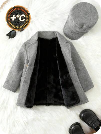 SHEIN اشتر واحد واحصل على واحد مجانًا طفل/طفل ذكر/أنثى 2 قطعة/مجموعة معطف صوفي رمادي سميك مبطن مع قبعة، معطف شتوي، معطف مبطن، طراز بسيط مناسب للجميع، مناسب للارتداء الداخلي والخارجي والتزلج والاستخدام اليومي والرياضة واللعب والحفلات وتصوير الصور والأعياد