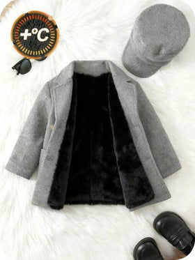 SHEIN اشتر واحد واحصل على واحد مجانًا طفل/طفل ذكر/أنثى 2 قطعة/مجموعة معطف صوفي رمادي سميك مبطن مع قبعة، معطف شتوي، معطف مبطن، طراز بسيط مناسب للجميع، مناسب للارتداء الداخلي والخارجي والتزلج والاستخدام اليومي والرياضة واللعب والحفلات وتصوير الصور والأعياد