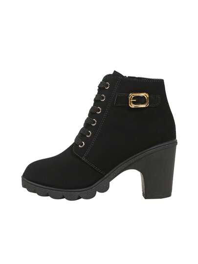 بوت نسائية مزينة بمشبك ذات 6 ثقوب مطلية بالنحاس مقاومة للصدأ وكعب سميك، بوت كاجوال كورية عريضة الحزام، بوت كاحل بكعب عالي وبنعل سميك مربوطة بسير، متعددة الاستخدامات باللون الأسود، مناسبة لجميع المواسم