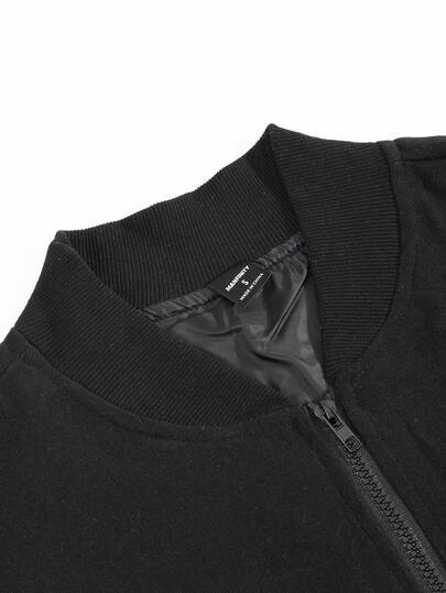 Manfinity Homme جاكيت كاجوال سوداء مطرزة للرجال، ملابس خارجية موضة للخريف/الشتاء، غرانج