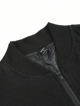 Manfinity Homme جاكيت كاجوال سوداء مطرزة للرجال، ملابس خارجية موضة للخريف/الشتاء، غرانج