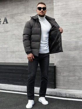 Manfinity CasualCool معطف رجالي مقاوم للرياح بسحاب وأكمام طويلة وقبعة للاستخدام الخارجي والأنشطة اليومية، معطف شتوي للرجال للخريف والشتاء