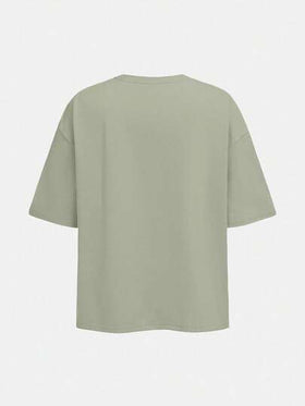 SHEIN Girlism بنطلون وبلوزة كاجوال للمراهقات قطعتين، أخضر زيتوني، تريكو بياقة طاقم فضفاض بأكمام راجلان مطوية، طباعة بسيطة، مناسب للارتداء اليومي، الشارع، الرياضة، العودة للمدرسة، عطلة عائلية في الهواء الطلق، نزهة الربيع