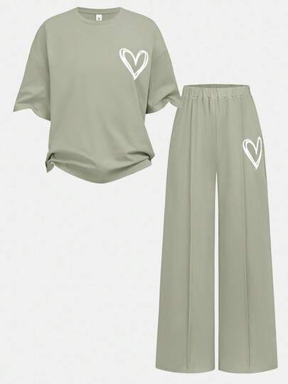 SHEIN Girlism بنطلون وبلوزة كاجوال للمراهقات قطعتين، أخضر زيتوني، تريكو بياقة طاقم فضفاض بأكمام راجلان مطوية، طباعة بسيطة، مناسب للارتداء اليومي، الشارع، الرياضة، العودة للمدرسة، عطلة عائلية في الهواء الطلق، نزهة الربيع
