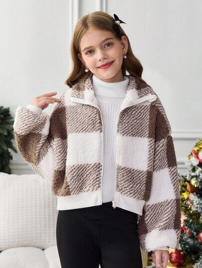 SHEIN Serisse Kids معطف قصير من الفليس مع طوق عالي بأكمام طويلة للفتيات المراهقات، مناسب للخريف والشتاء، معطف كاجوال مربع، خريف وشتاء، متطابق مع الأم والابنة، خريف وشتاء