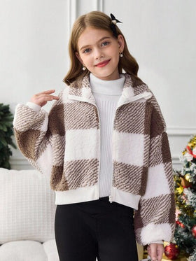 SHEIN Serisse Kids معطف قصير من الفليس مع طوق عالي بأكمام طويلة للفتيات المراهقات، مناسب للخريف والشتاء، معطف كاجوال مربع، خريف وشتاء، متطابق مع الأم والابنة، خريف وشتاء