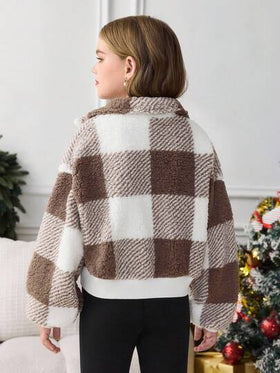 SHEIN Serisse Kids معطف قصير من الفليس مع طوق عالي بأكمام طويلة للفتيات المراهقات، مناسب للخريف والشتاء، معطف كاجوال مربع، خريف وشتاء، متطابق مع الأم والابنة، خريف وشتاء