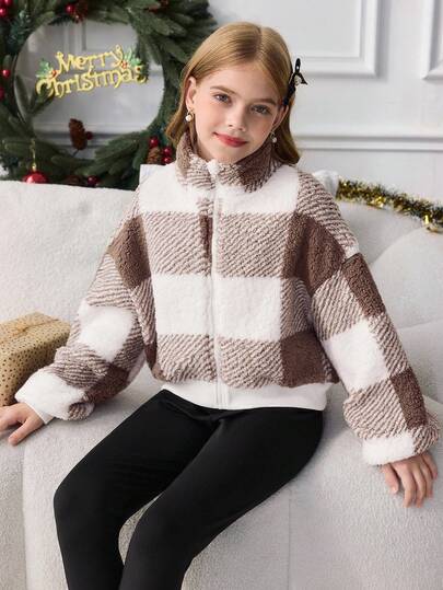 SHEIN Serisse Kids معطف قصير من الفليس مع طوق عالي بأكمام طويلة للفتيات المراهقات، مناسب للخريف والشتاء، معطف كاجوال مربع، خريف وشتاء، متطابق مع الأم والابنة، خريف وشتاء