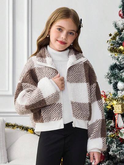 SHEIN Serisse Kids معطف قصير من الفليس مع طوق عالي بأكمام طويلة للفتيات المراهقات، مناسب للخريف والشتاء، معطف كاجوال مربع، خريف وشتاء، متطابق مع الأم والابنة، خريف وشتاء