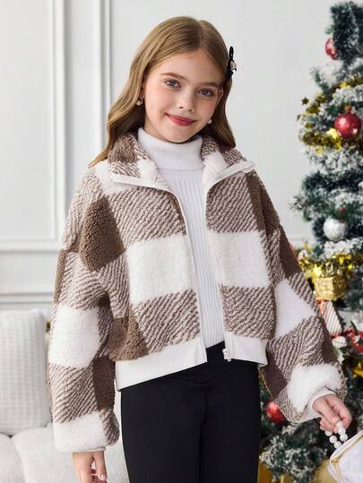 SHEIN Serisse Kids معطف قصير من الفليس مع طوق عالي بأكمام طويلة للفتيات المراهقات، مناسب للخريف والشتاء، معطف كاجوال مربع، خريف وشتاء، متطابق مع الأم والابنة، خريف وشتاء