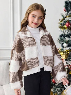 SHEIN Serisse Kids معطف قصير من الفليس مع طوق عالي بأكمام طويلة للفتيات المراهقات، مناسب للخريف والشتاء، معطف كاجوال مربع، خريف وشتاء، متطابق مع الأم والابنة، خريف وشتاء