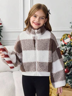 SHEIN Serisse Kids معطف قصير من الفليس مع طوق عالي بأكمام طويلة للفتيات المراهقات، مناسب للخريف والشتاء، معطف كاجوال مربع، خريف وشتاء، متطابق مع الأم والابنة، خريف وشتاء