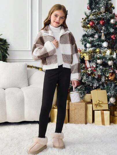 SHEIN Serisse Kids معطف قصير من الفليس مع طوق عالي بأكمام طويلة للفتيات المراهقات، مناسب للخريف والشتاء، معطف كاجوال مربع، خريف وشتاء، متطابق مع الأم والابنة، خريف وشتاء