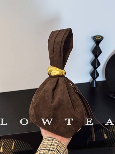low tea 1 حقيبة يد من قماش الجلد الأحادي اللون للنساء، حقيبة صغيرة مطوية بزخرفة معدنية وسحاب إغلاق، مناسبة للاستخدام اليومي والخروج