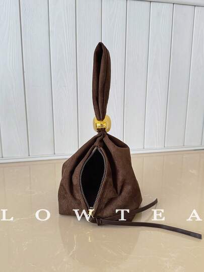 low tea 1 حقيبة يد من قماش الجلد الأحادي اللون للنساء، حقيبة صغيرة مطوية بزخرفة معدنية وسحاب إغلاق، مناسبة للاستخدام اليومي والخروج
