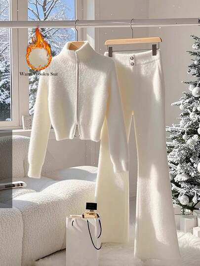 SHEIN Clasi بدلة كاجوال للمرأة البدينة تتكون من كارديجان محبوك بأكمام طويلة وسحاب أمامي وبنطال محبوك واسع، مناسبة للخريف والشتاء