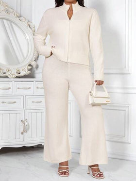 SHEIN Clasi بدلة كاجوال للمرأة البدينة تتكون من كارديجان محبوك بأكمام طويلة وسحاب أمامي وبنطال محبوك واسع، مناسبة للخريف والشتاء
