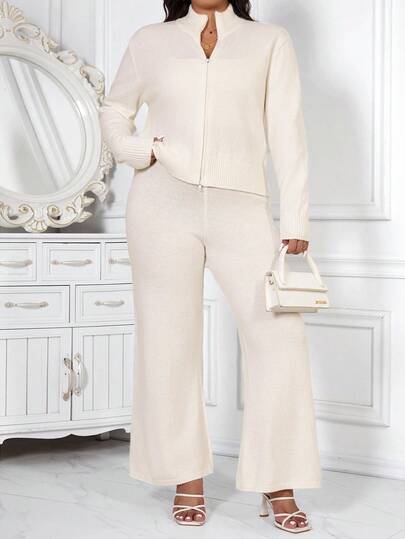 SHEIN Clasi بدلة كاجوال للمرأة البدينة تتكون من كارديجان محبوك بأكمام طويلة وسحاب أمامي وبنطال محبوك واسع، مناسبة للخريف والشتاء