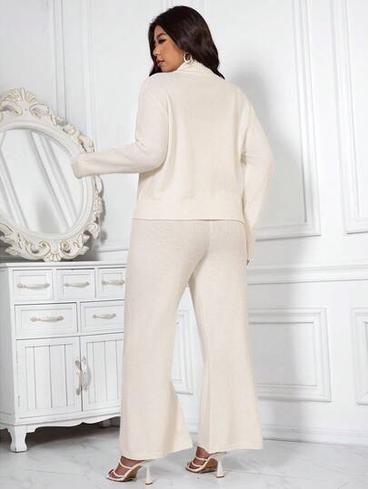 SHEIN Clasi بدلة كاجوال للمرأة البدينة تتكون من كارديجان محبوك بأكمام طويلة وسحاب أمامي وبنطال محبوك واسع، مناسبة للخريف والشتاء