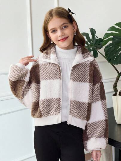 SHEIN Serisse Kids معطف قصير من الفليس مع طوق عالي بأكمام طويلة للفتيات المراهقات، مناسب للخريف والشتاء، معطف كاجوال مربع، خريف وشتاء، متطابق مع الأم والابنة، خريف وشتاء