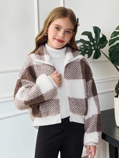 SHEIN Serisse Kids معطف قصير من الفليس مع طوق عالي بأكمام طويلة للفتيات المراهقات، مناسب للخريف والشتاء، معطف كاجوال مربع، خريف وشتاء، متطابق مع الأم والابنة، خريف وشتاء
