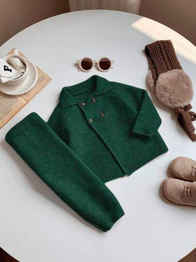 SHEIN مجموعة كنزة صوفية وبنطلون بأكمام طويلة ذات لون أحادي للأطفال الصغار، مناسبة للخريف والشتاء، قطعتان