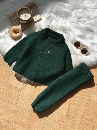 SHEIN مجموعة كنزة صوفية وبنطلون بأكمام طويلة ذات لون أحادي للأطفال الصغار، مناسبة للخريف والشتاء، قطعتان