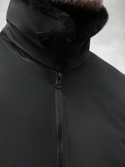 Manfinity CasualCool معطف شتوي كاجوال للرجال بياقة زمردية وأكمام طويلة وياقة فرو مرقعة، ملابس خارجية للخريف