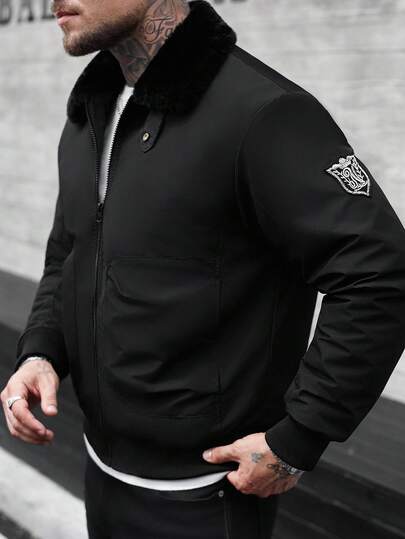 Manfinity CasualCool معطف شتوي كاجوال للرجال بياقة زمردية وأكمام طويلة وياقة فرو مرقعة، ملابس خارجية للخريف