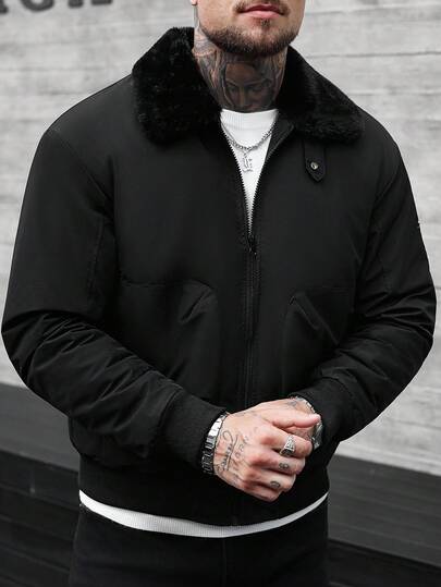 Manfinity CasualCool معطف شتوي كاجوال للرجال بياقة زمردية وأكمام طويلة وياقة فرو مرقعة، ملابس خارجية للخريف