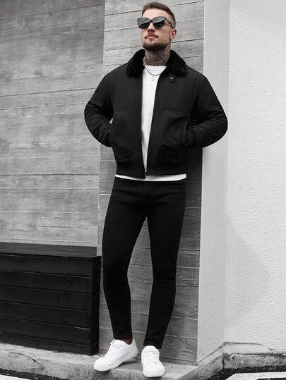 Manfinity CasualCool معطف شتوي كاجوال للرجال بياقة زمردية وأكمام طويلة وياقة فرو مرقعة، ملابس خارجية للخريف