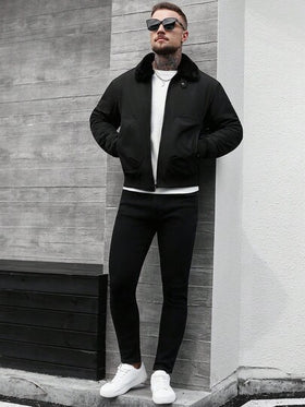 Manfinity CasualCool معطف شتوي كاجوال للرجال بياقة زمردية وأكمام طويلة وياقة فرو مرقعة، ملابس خارجية للخريف