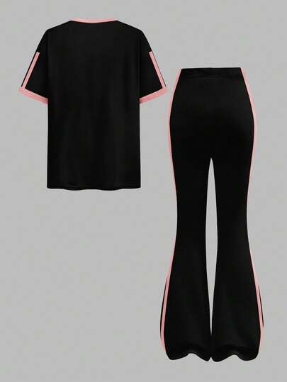 SHEIN Leap Crew مجموعة رياضية عتيقة، زخرفة فيونكة صغيرة، بلوزة قصيرة الأكمام بياقة طاقم فضفاضة ذات خطوط سوداء وبيضاء كريمية، وبنطلون واسع ذو قصة جرس، مناسبة للصيف، مجموعة قطعتين للفتيات المراهقات بطراز بسيط