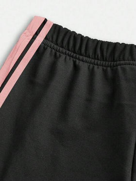 SHEIN Leap Crew مجموعة رياضية عتيقة، زخرفة فيونكة صغيرة، بلوزة قصيرة الأكمام بياقة طاقم فضفاضة ذات خطوط سوداء وبيضاء كريمية، وبنطلون واسع ذو قصة جرس، مناسبة للصيف، مجموعة قطعتين للفتيات المراهقات بطراز بسيط