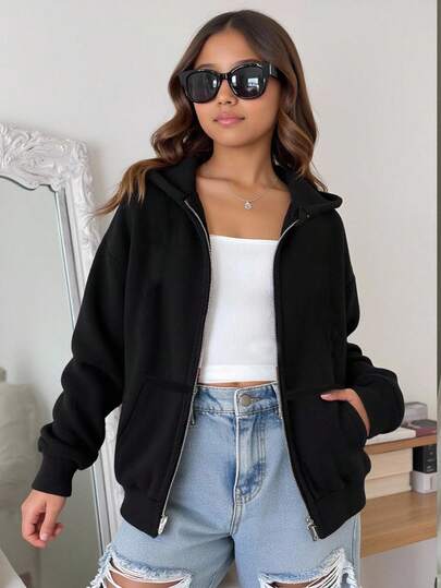 SHEIN معطف كاردجان مقنع كاجوال للفتيات المراهقات، خريف/شتاء