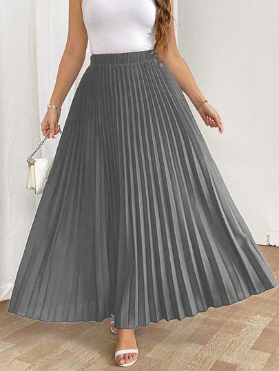 SHEIN Tall تنورة نسائية فضفاضة مطوية أنيقة وكاجوال للعطلات، باللون الأسود، مقاس كبير الحجم