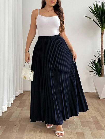 SHEIN Tall تنورة نسائية فضفاضة مطوية أنيقة وكاجوال للعطلات، باللون الأسود، مقاس كبير الحجم