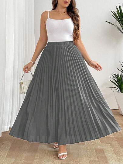 SHEIN Tall تنورة نسائية فضفاضة مطوية أنيقة وكاجوال للعطلات، باللون الأسود، مقاس كبير الحجم