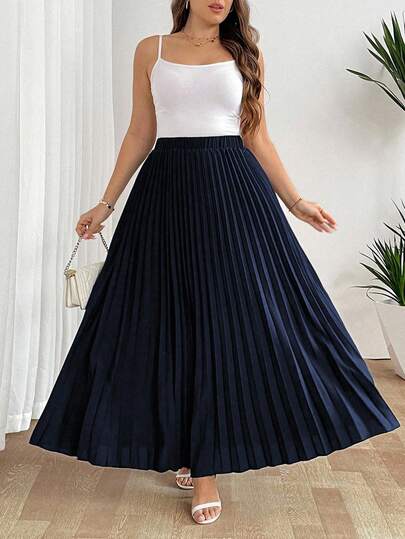 SHEIN Tall تنورة نسائية فضفاضة مطوية أنيقة وكاجوال للعطلات، باللون الأسود، مقاس كبير الحجم