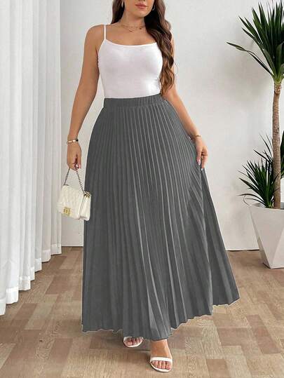 SHEIN Tall تنورة نسائية فضفاضة مطوية أنيقة وكاجوال للعطلات، باللون الأسود، مقاس كبير الحجم