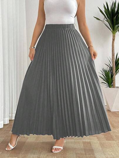 SHEIN Tall تنورة نسائية فضفاضة مطوية أنيقة وكاجوال للعطلات، باللون الأسود، مقاس كبير الحجم
