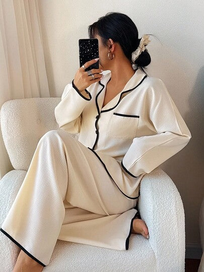 SHEIN بيجامة نسائية مجموعة بياقة متباينة الألوان وأكمام طويلة فضفاضة، بيجامة شتوية للنوم للنساء