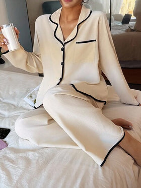 SHEIN بيجامة نسائية مجموعة بياقة متباينة الألوان وأكمام طويلة فضفاضة، بيجامة شتوية للنوم للنساء