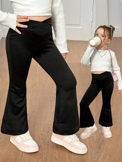 SHEIN بنطلون أسود ذو خصر عالي وقصة واسعة مناسب للفتيات الصغيرات، مناسب للملابس المنزلية والكاجوال والرياضة الخارجية، يمكن ارتداؤه مع ملابس رياضية، مناسب للخريف/الشتاء، المدرسة، الاستخدام اليومي
