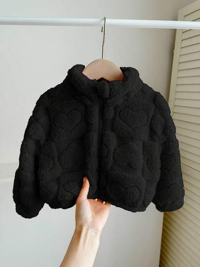 SHEIN LMoss Kids معطف فتاة طفل لطيف وكاجوال من الفرو مع طبعة قلب، مثالي للخريف والشتاء