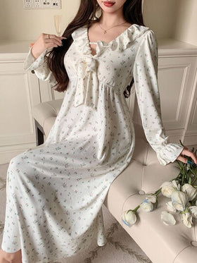 DAZY ثوب نوم نسائي بطبعة زهور صغيرة مع ياقة مكشكشة وفيونكة ثلاثية الأبعاد، بيجامة خريفية وشتوية رمضان