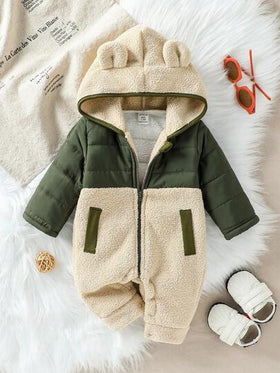 SHEIN جمبسوت رضيع للأولاد والبنات من الجنسين حديثي الولادة 0-3 سنوات، بتصميم ألوان متباينة وقطع ملمس ناعم، بسحاب للخريف والشتاء، جمبسوت رضيع دافئة للشتاء، جمبسوت رضيع للخريف