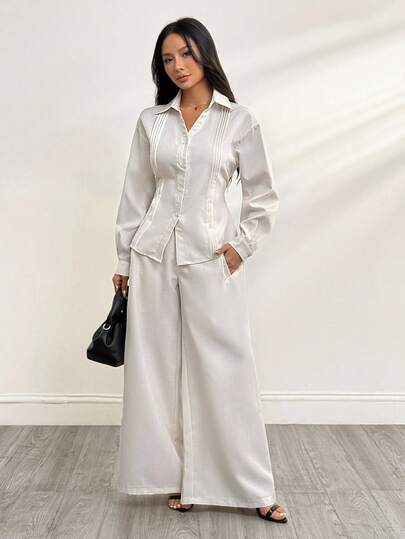 SHEIN PETITE بدلة كاجوال للنساء مكونة من قميص مطوي باللون الأحادي وبنطال واسع الساق، إصدار صغير الحجم، للخريف/الشتاء