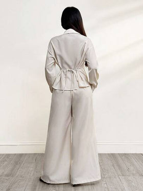 SHEIN PETITE بدلة كاجوال للنساء مكونة من قميص مطوي باللون الأحادي وبنطال واسع الساق، إصدار صغير الحجم، للخريف/الشتاء
